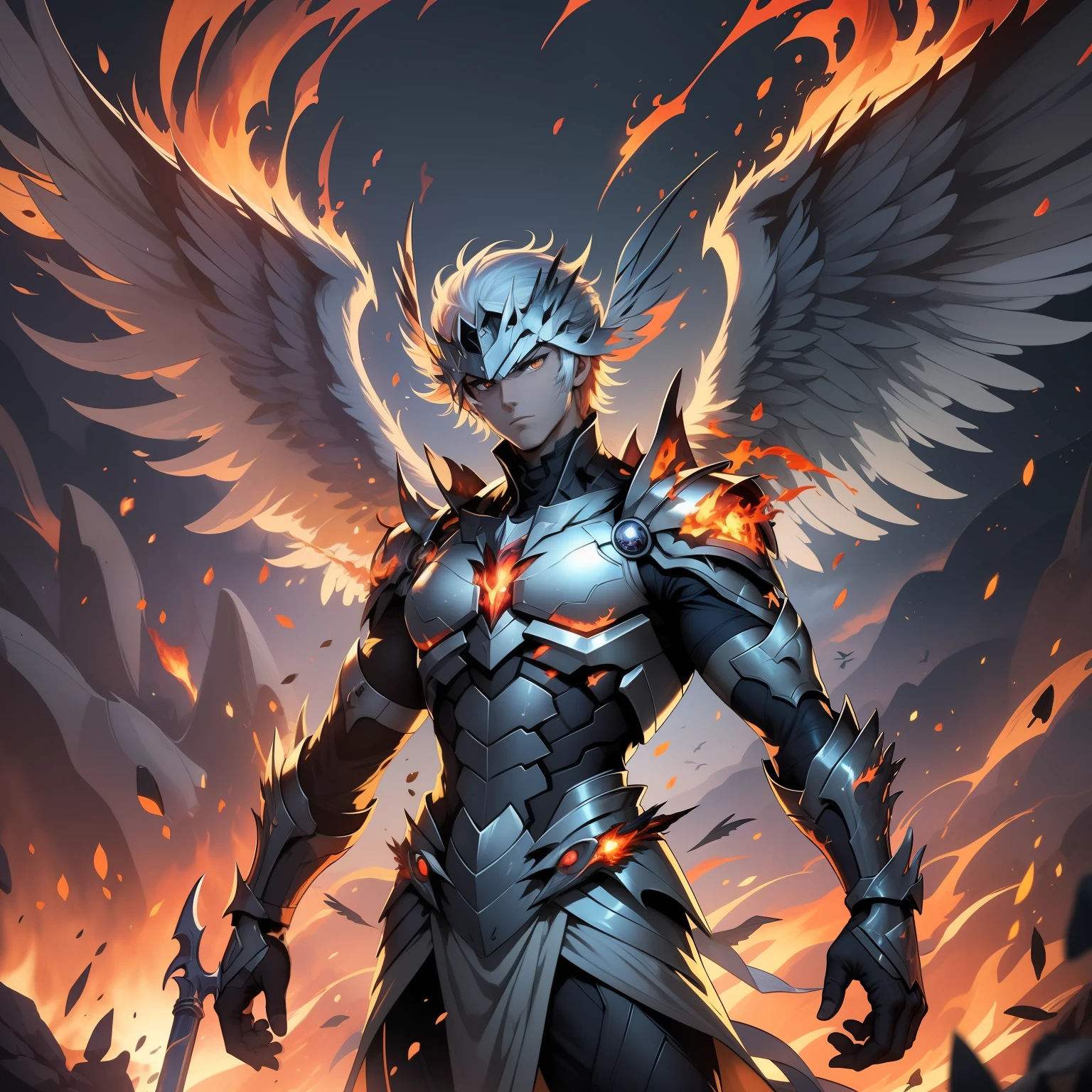 a large painting of a cartoon character with a sword and a bird on his shoulder and a fire background behind him, with a bird on his shoulder, 1boy, breathing fire, burning, embers, explosion, fiery hair, fiery wings, fire, fireworks, flame, hat, helmet, male focus, molten rock, orange sky, sky, solo, star \(sky\), starry sky, sun, sunset, (cosmo),(cosmos)