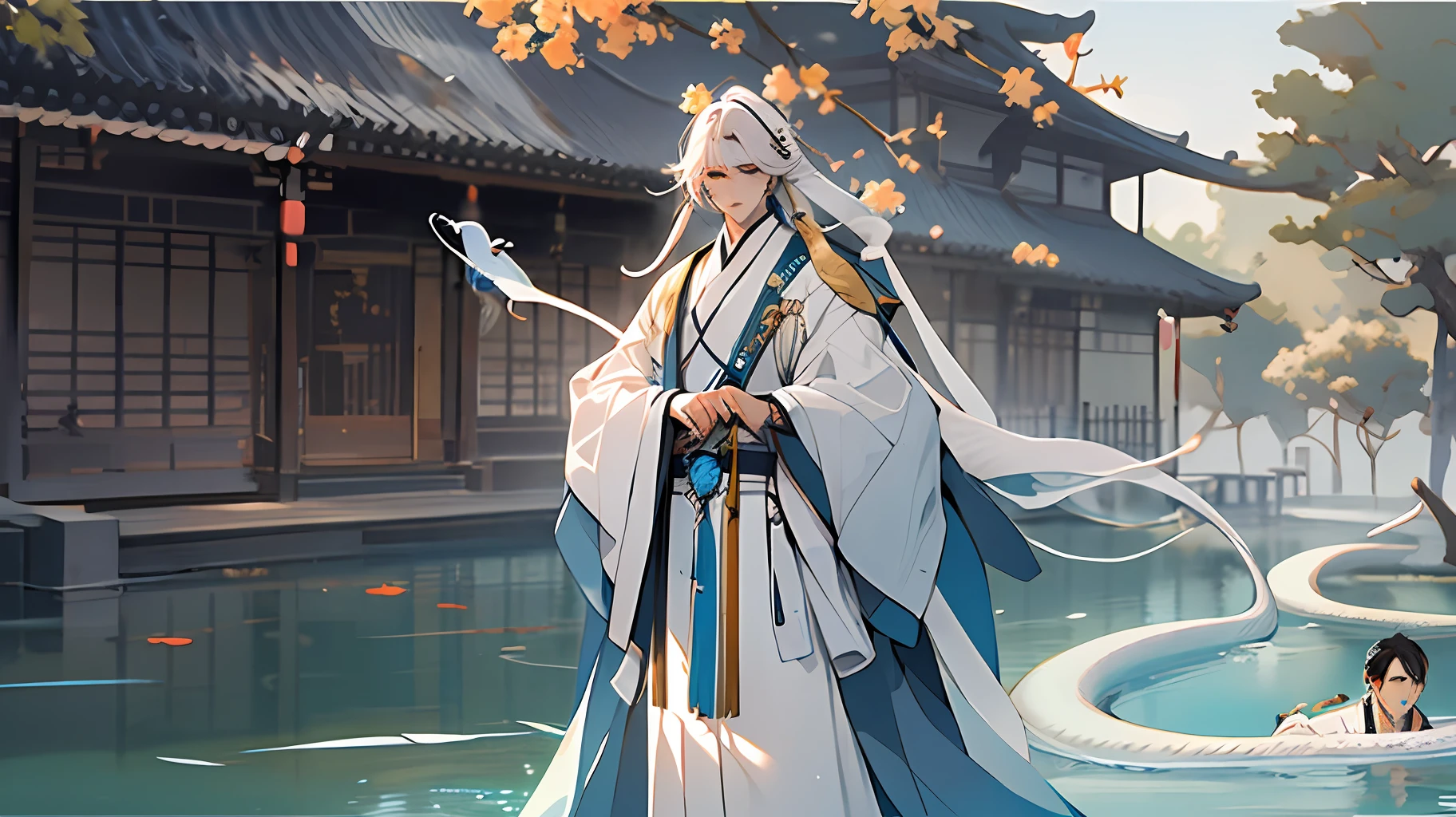 1boytu，hanfu，中式服饰，白色头发，白蛇，巨大的蛇，水面