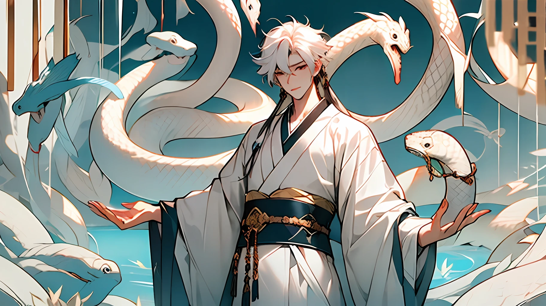 1boytu，Hanfu，Chinese costumes，White color hair，White Snake，huge snake，waterface