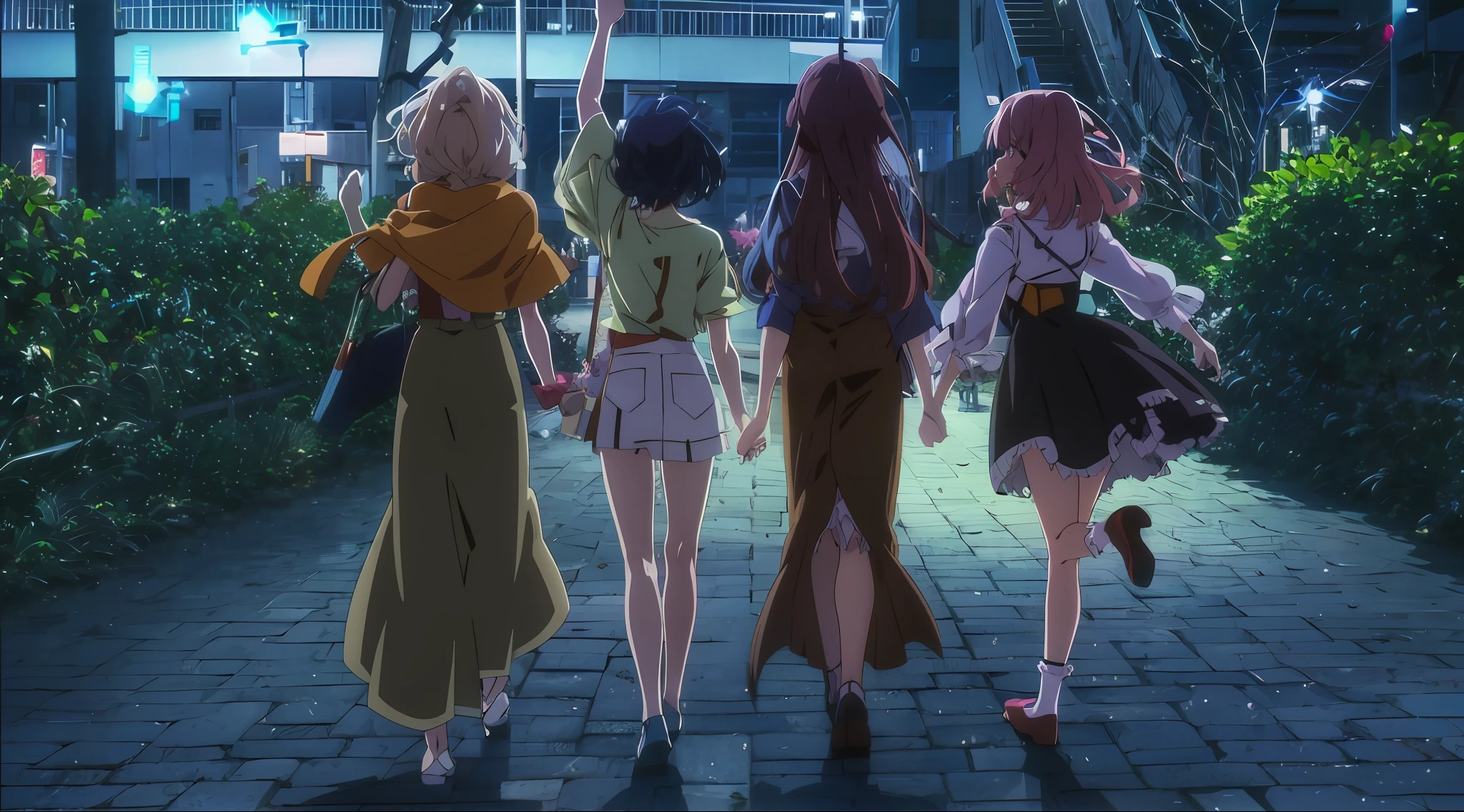 three girls walking down a sidewalk at night with umbrellas, kyoto animation still, screenshot from the anime film, anime film still, in style of kyoto animation, anime movie screenshot, still from tv anime, Today's featured anime stills, 2 0 1 9 anime screenshot, animated still, screenshot from guro anime, in the anime film, official studio anime still