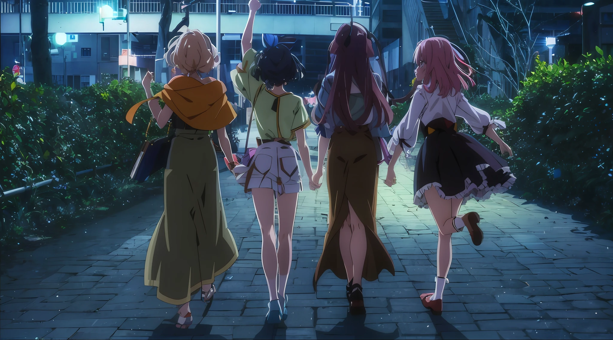 three girls walking down a sidewalk at night with umbrellas, kyoto animation still, screenshot from the anime film, anime film still, in style of kyoto animation, anime movie screenshot, still from tv anime, Today's featured anime stills, 2 0 1 9 anime screenshot, animated still, screenshot from guro anime, in the anime film, official studio anime still