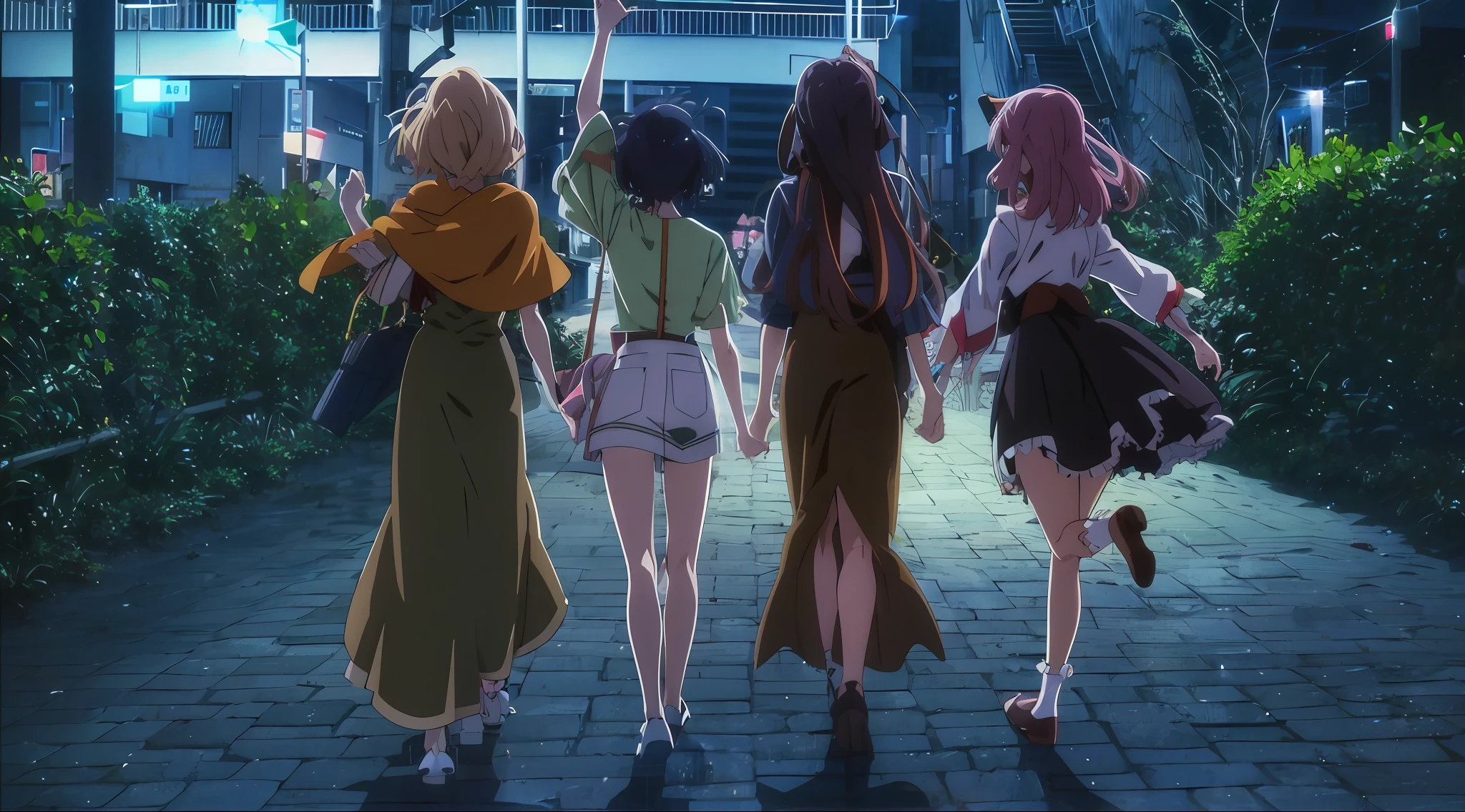 Drei Mädchen laufen nachts mit Regenschirmen einen Bürgersteig entlang, Kyoto-Animation noch, Screenshot aus dem Anime-Film, Anime-Filmstill, im Stil der Kyoto-Animation, Screenshot eines Anime-Films, Standbild aus TV-Anime, Die heute vorgestellten Anime-Standbilder, 2 0 1 9 Anime-Screenshot, animiertes Standbild, Screenshot aus dem Anime Guro, im Animefilm, offizielles Studio-Anime-Standbild