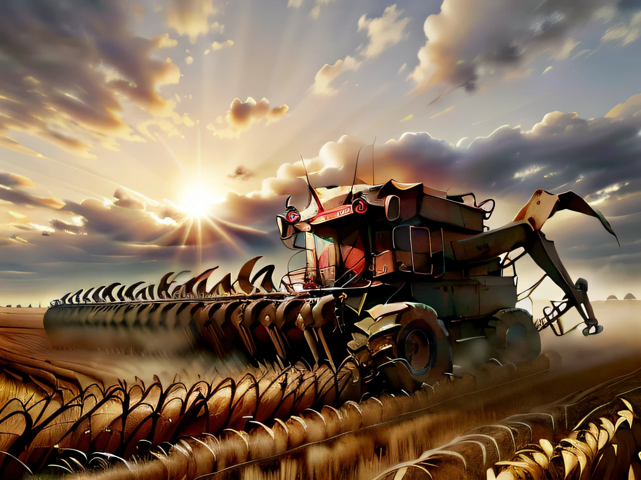 arafed combine harvester in a field with a cloudy sky, combinar, in high resolution of field, Tiro na Hora de Ouro, Retrato Amplo, colheita, tiro largo longo, palha, morning golden hour, agricultura, hora de ouro intrincado, Iowa, uncrop, tiro ultra largo, Tiro na Nikon Z9, fotos de alta qualidade, hora de ouro", na hora dourada, high grain