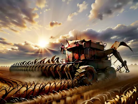 arafed combine harvester in a field with a cloudy sky, combinar, in high resolution of field, tiro na hora de ouro, retrato ampl...