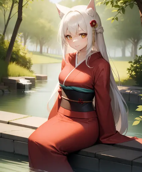 1girl, yellow eyes, long hair, white hair, sitting, red kimono, light smile, arms behind back, nature, hair ornament, animal ear...