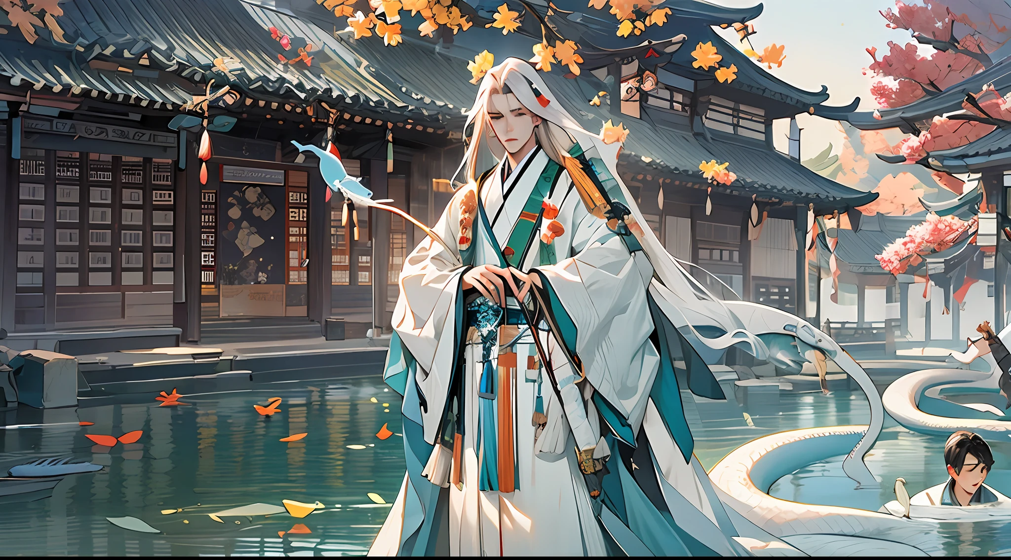1boytu，Hanfu，Chinese costumes，White color hair，White Snake，huge snake，waterface