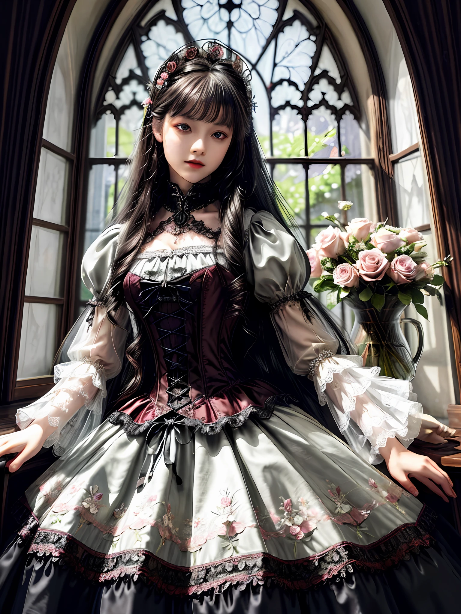 realistic, photorealistic, masterpiece, best quality, 1girl, long black hair,  solo, standing, in castle, night, looking at viewer,  lolita_dress, black pantyhose, long dress,(pureerosface_v1:0.8),