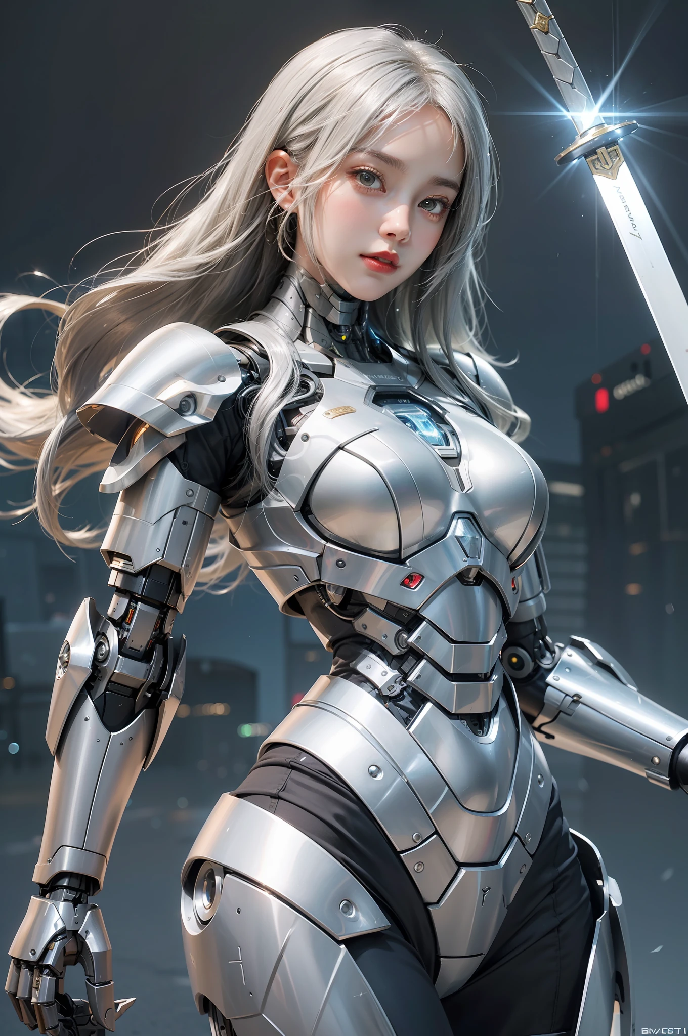 arafed woman in a futuristic suit holding a sword and a sword, Cute cyborg girl, Girl in Mecha Cyber Armor, beutiful white girl cyborg, gynoid cyborg body, perfect android girl, Perfect Anime Cyborg Woman, Beautiful girl cyborg, Cyborg girl, cyborg - girl with silver hair, armor girl, beautiful alluring female cyborg