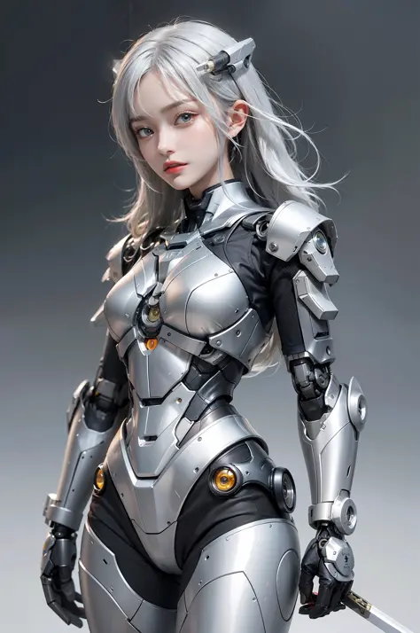 arafed woman in a futuristic suit holding a sword and a sword, cute cyborg girl, girl in mecha cyber armor, beutiful white girl ...