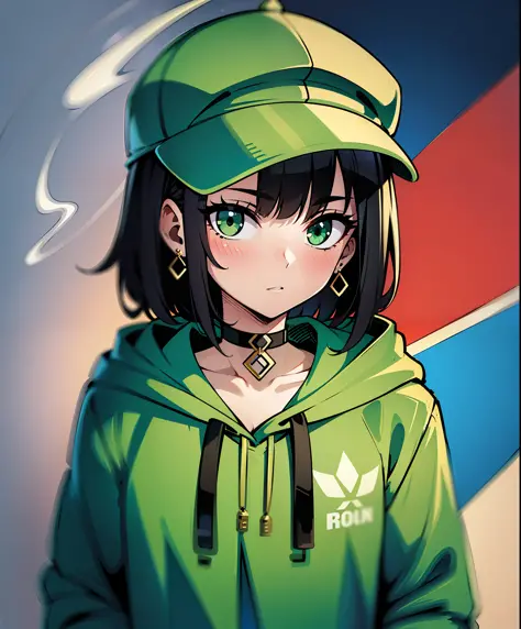 graffiti, 1girl, solo, hood, leaf, hoodie, jewelry, hat, earrings, black hair, cigarette, hood down, medium hair, upper body, ba...