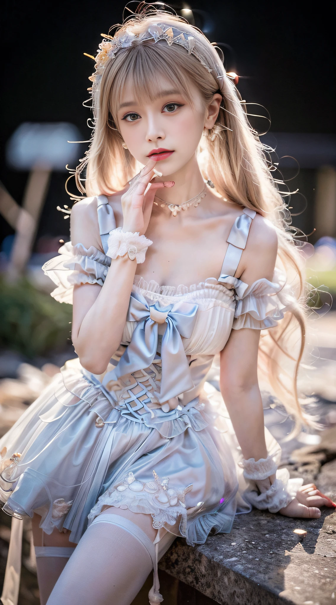 (best quality, masterpiece, high resolution, glow, flood, lens glare, wide angle), sunlight, full body, 1 [Chinese|Russian|Japanese|Korean] girl, solo,((mei red:1.1) clothes), necklace, jewelry, long hair, earrings, super delicate face, beautiful face, perfect hands,full face blush, (perfect eyes) and ( long eyelashes: 1.4), glowing pupils, (white stockings: 0.9), realism, (high detail skin: 1.2), 8k ultra hd, DSLR, high quality, volumetric lighting, frank, high resolution, 4K, 8K, background bokeh, dream forest, radiant garlic, feather drop effect, morning, foreground, f/16