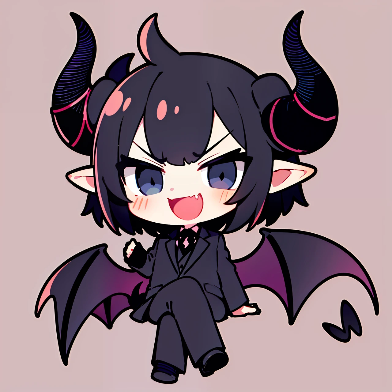 1 boy, demon, short black hair, long horns, big horns, suit, 3 piece shut, sitting, floating, chibi, full body, small, angry, smiling fang, open mouth