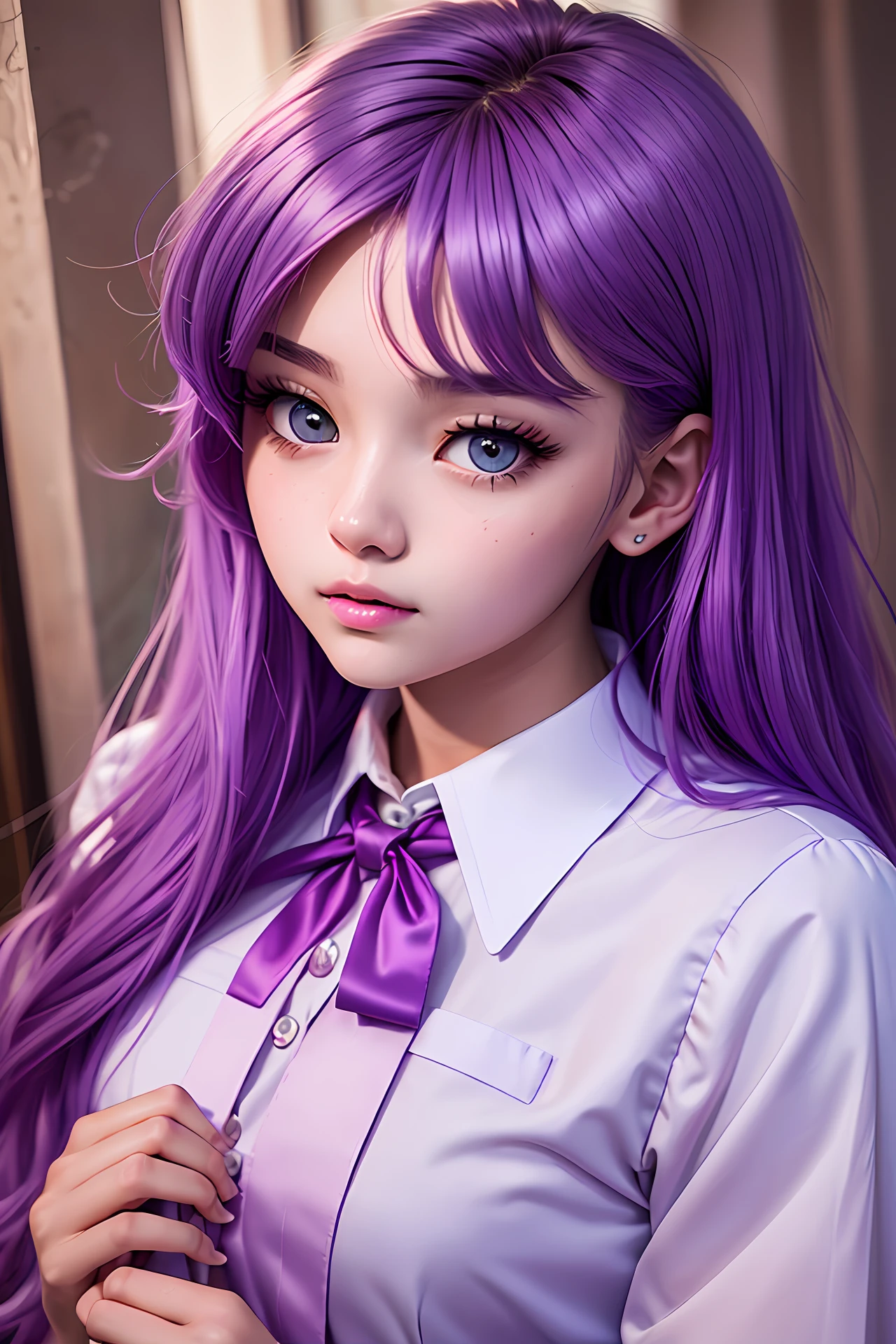 best resolution, absurdo, obra-prima,garota, 18 anos, Seios enormes, cabelo roxo longo,cabelo roxo volumoso, purple eyes,close-up face,  usingCatholic school uniform, Ulzzang, Pureerosface_v1:.2,mini skirt