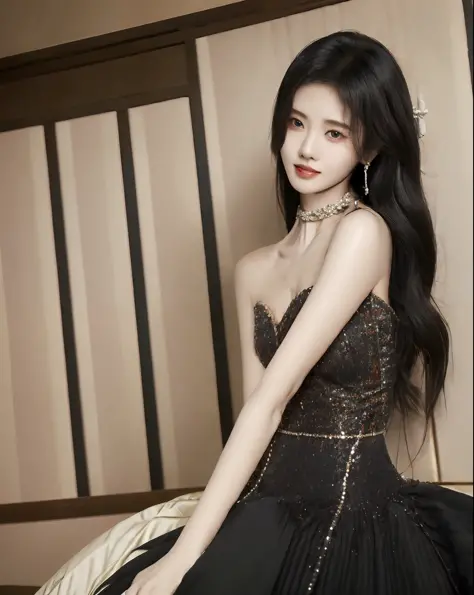 jujingyi, 1girll, Solo, Long hair, view the viewer, Black hair, Black dress, Upper body,