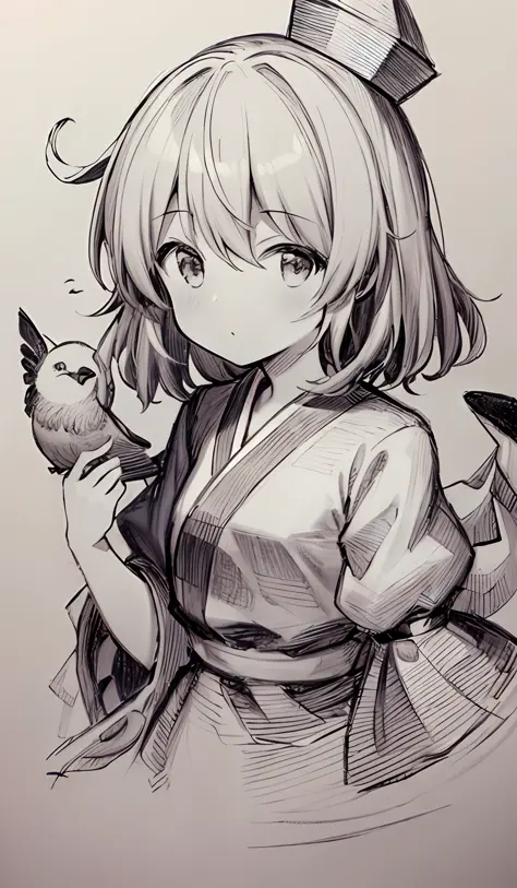 linear art, small loli girl, from touhou, anime sketch, Anime Paintings, an anime drawing, Line art, monochrome artwork, the bir...