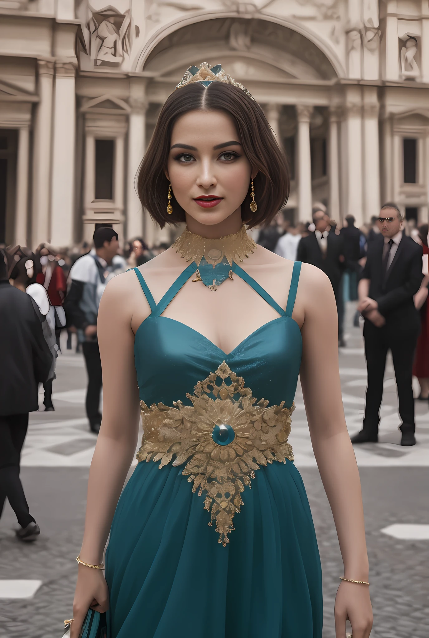 (masterpiece, best quality, realistic),
1girl,(on the St. Peter's Square of Vatican,crowd), gypsy dress,(princess eyes,shiny pupils),dancing, intricate,teal hue dress, gold, gypsy person, banquet, crowd, picking up skirt,pale skin,
[slight smile],