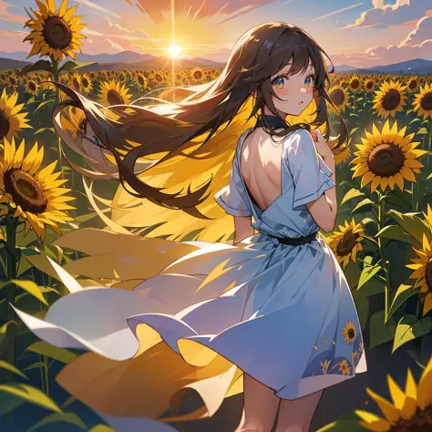 teens girl　a straw fedora hat　white  clothes　sunflowers fields　blue-sky　Running　high-level image quality　ren