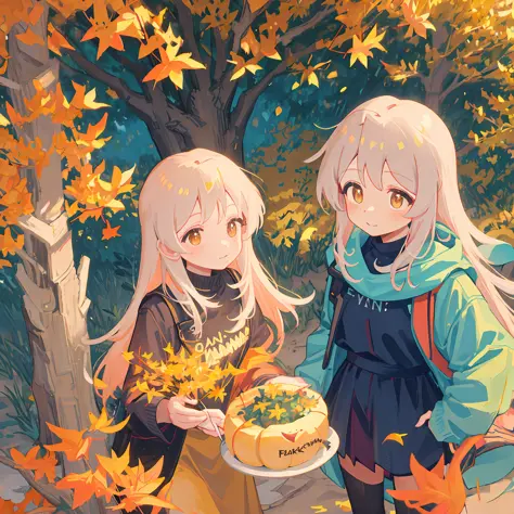 fall season，eventide，parks，under a large tree with golden leaves，cute girly