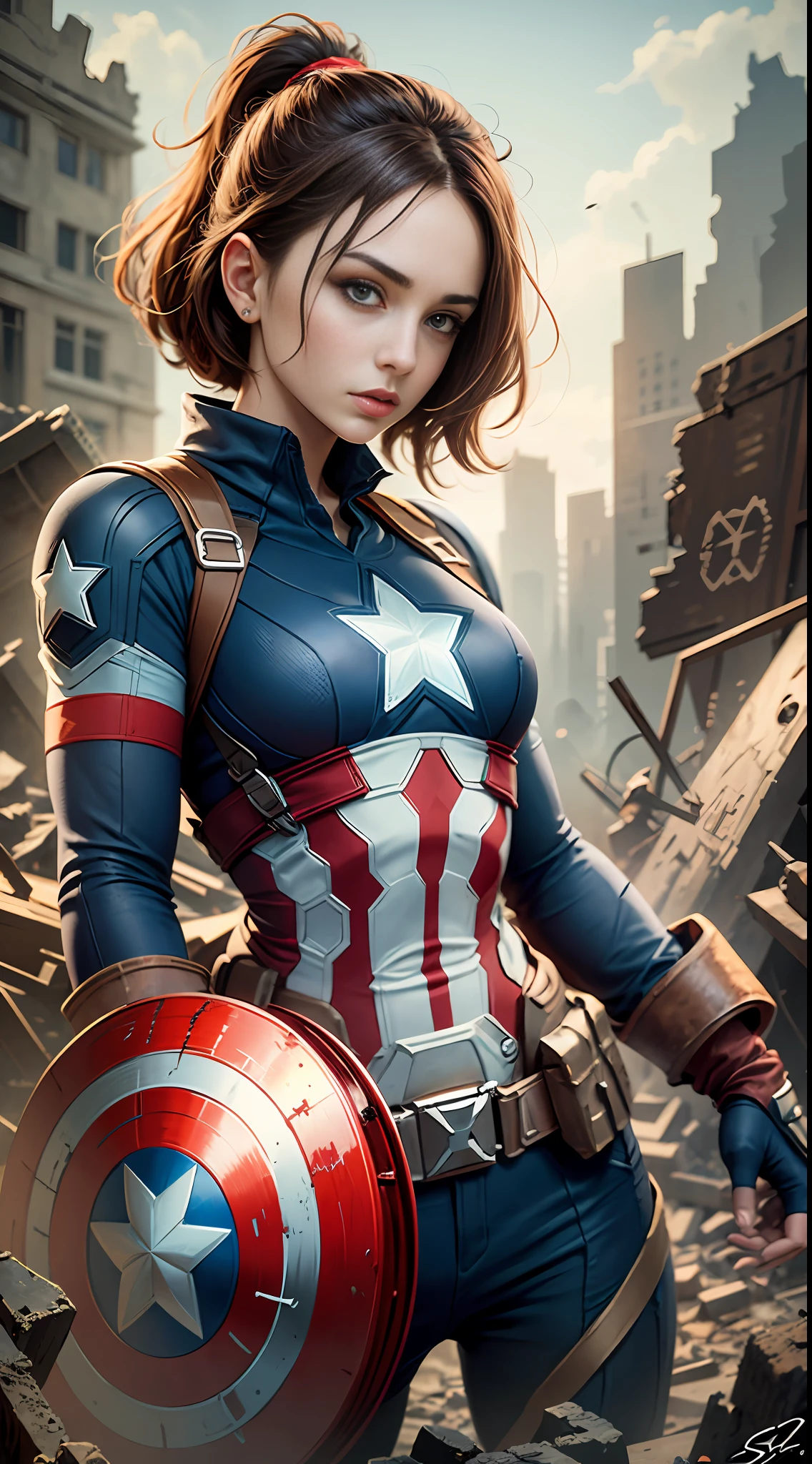 Versión femenina del Capitán América con ruinas mecánicas de fondo --auto --s2