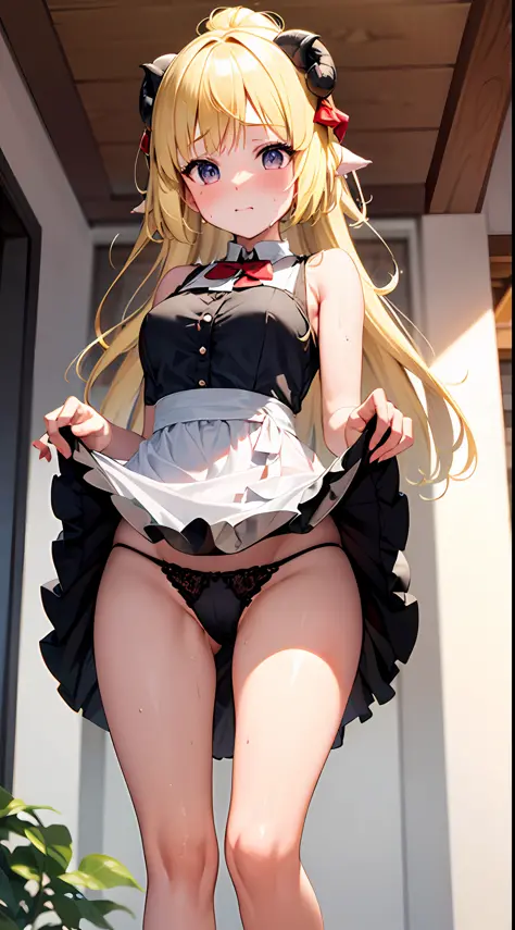 ​masterpiece, finely best quality, Ruffled dress with movement, white pannty、cammel toe、独奏、View Camera、From below、selfe/Lifting with a skirt lift、Skirt with movement、Sheer panties、Melting panties、Thin panties、close-up、a blond、超A high resolution、(full of sw...