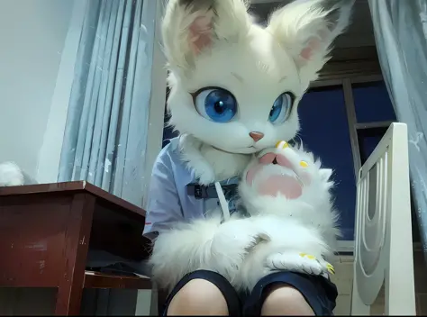 there is a white stuffed animal with blue eyes and a pair of glasses, fursona!!!!, fur set!!!!, attached tail, 3/4 view from bel...