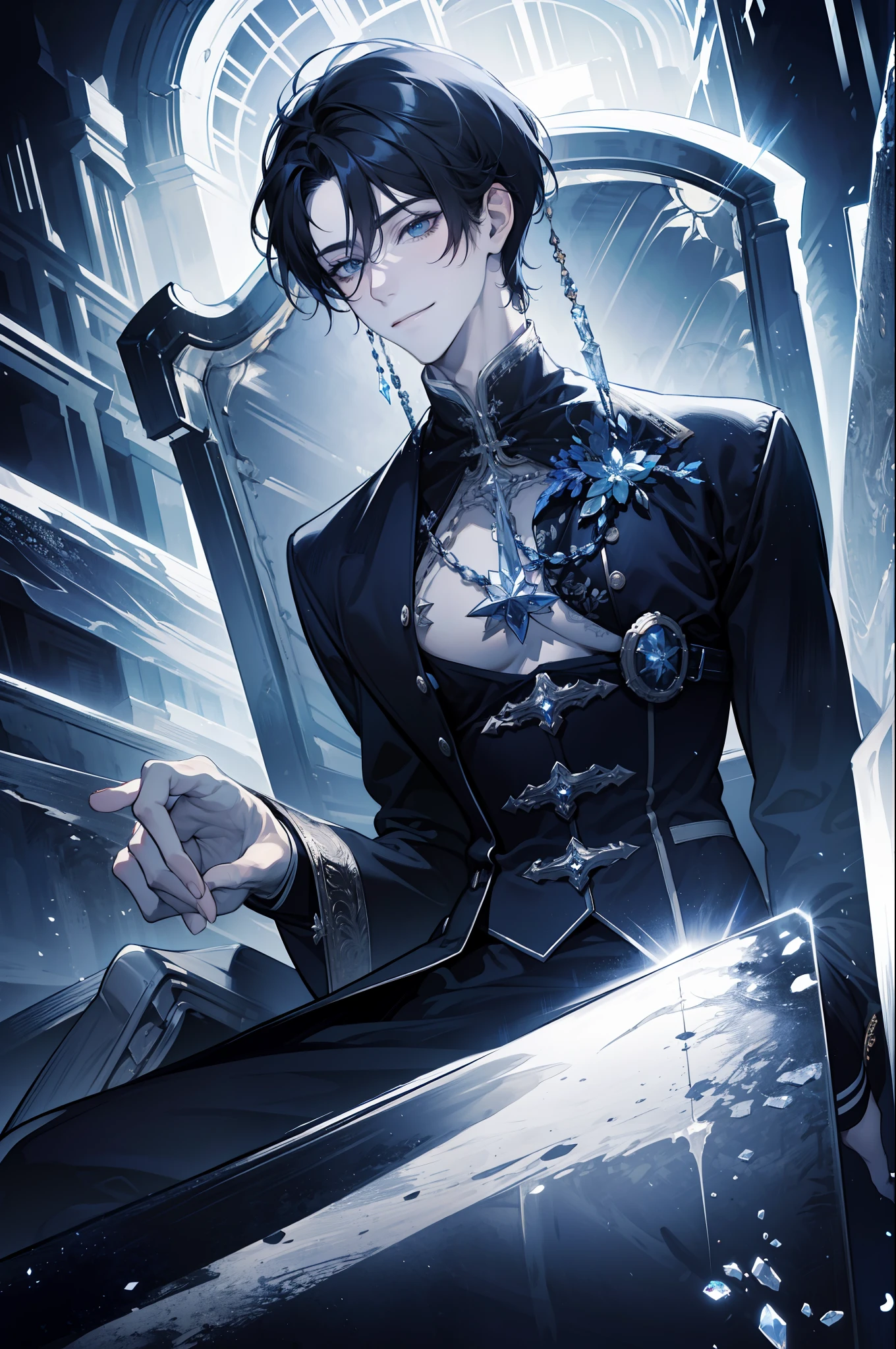 (absurdres, highres, ultra detailed), 1 male, adult, handsome, tall muscular guy, broad shoulders, finely detailed eyes, dark color hair, fantasy, complex pattern, detailed face, throne, magic effect, best ratio four finger and one thumb, ice, bitter cold, cold snap, smile, (dutch angle), closed mouth