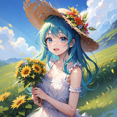 teens girl　has silver hair　a straw fedora hat　white  clothes　sunflowers fields　blue-sky　Running　high-level image quality　ren