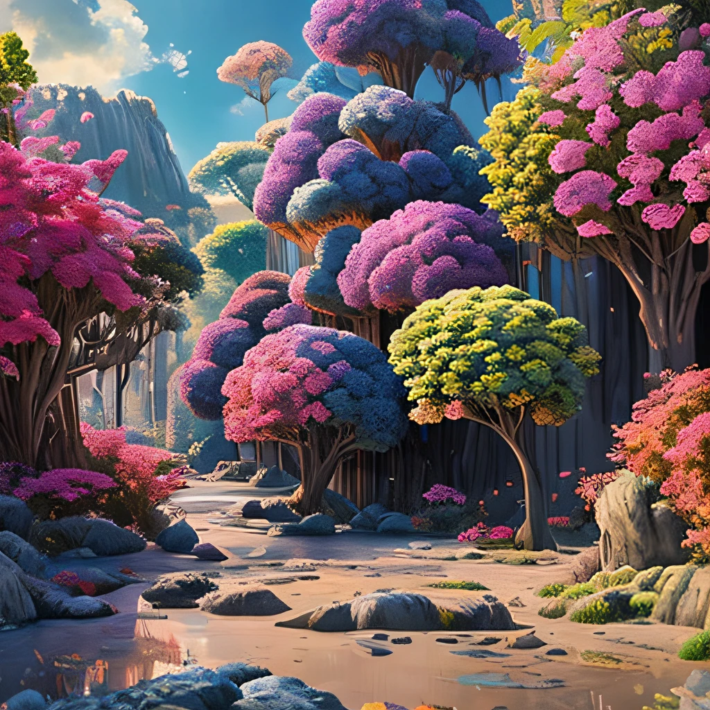 Meisterwerk, beste Qualität, (sehr detailliertes CG Unity 8k-Hintergrundbild) (beste Qualität), (beste Illustration), (Beste Schatten) Natur&#39, blaues Meer,zarte Blätter Blütenblätter in verschiedenen Farben fallen in die Luft Licht Tracking, super detailliert --v6