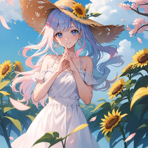 teens girl　Rabbit ears　has silver hair　a straw fedora hat　white  clothes　sunflowers fields　blue-sky　Running　high-level image qua...