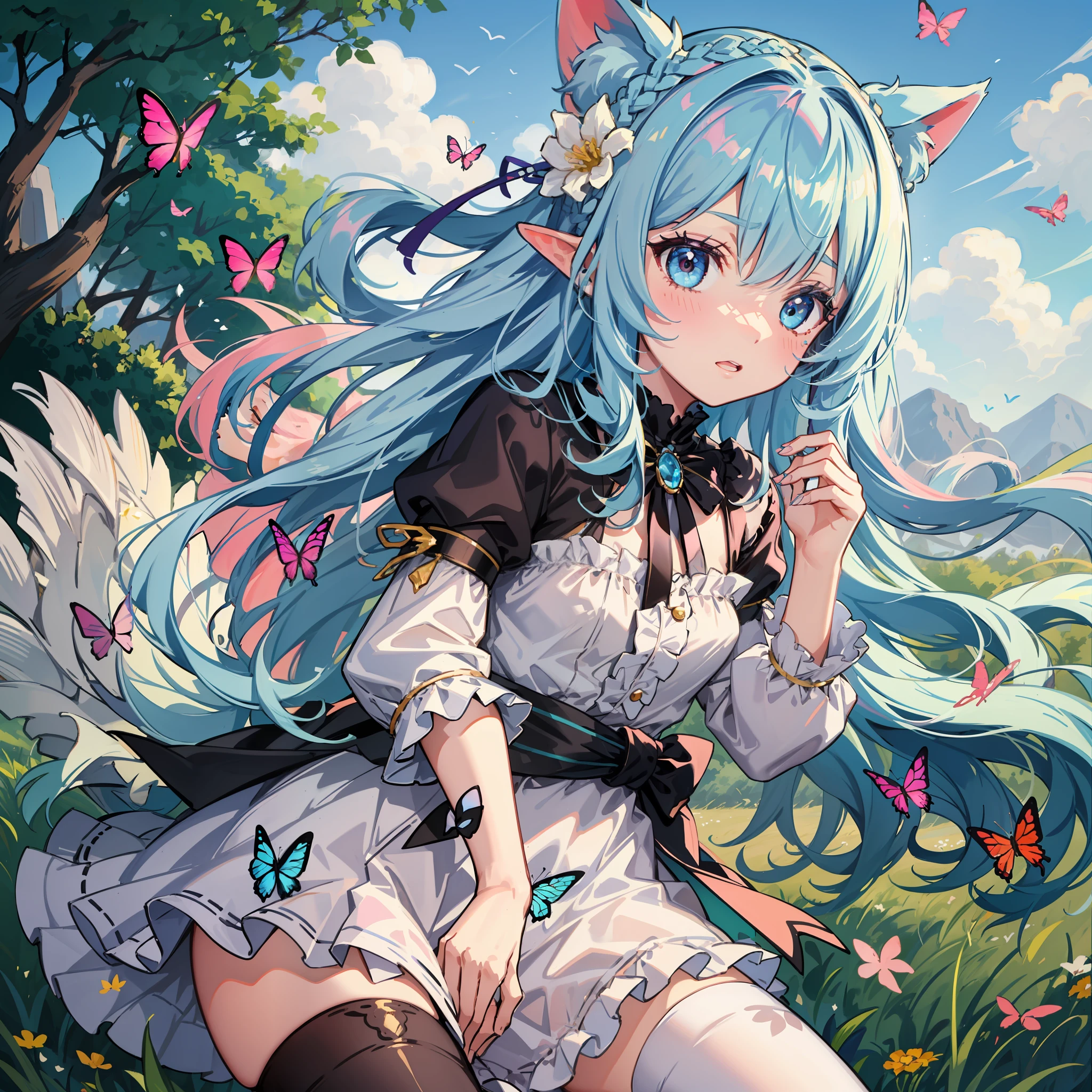A meadow({multicolour_Hair+Light blue hair:1.8+Pink hair:0.2})Beast-eared ,White fat meow-style makeup,Tiny cute,Field scenery,Colorful falls,Butterflies flutter，white stockings，Butterfly flower headdress