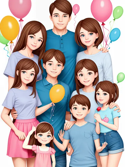 Cartoon doll family of four，What a lovely daughter，A man，In celebration of birthday，The birthday cake，gift，balloon