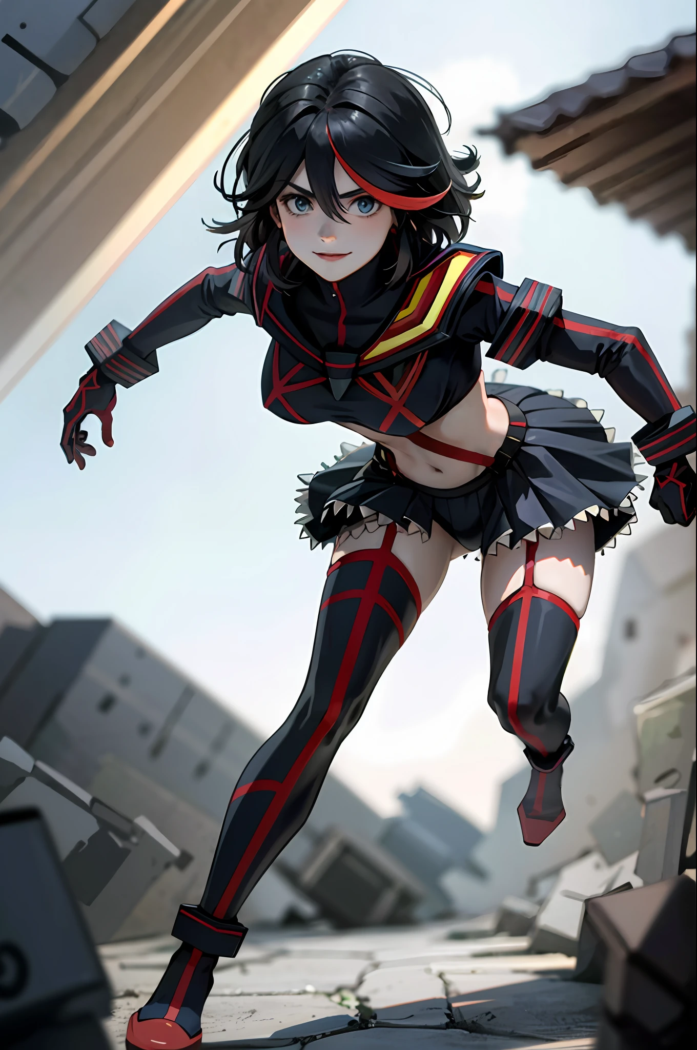 Award-winning art, anime girl, smiling Matoi Ryuuko, full person body,  beautiful eyes with lushes, neat leaps, shiney hair, low camera angle, 3D-model, realistic render, 4k, masterpiece,  dramatic lighting,