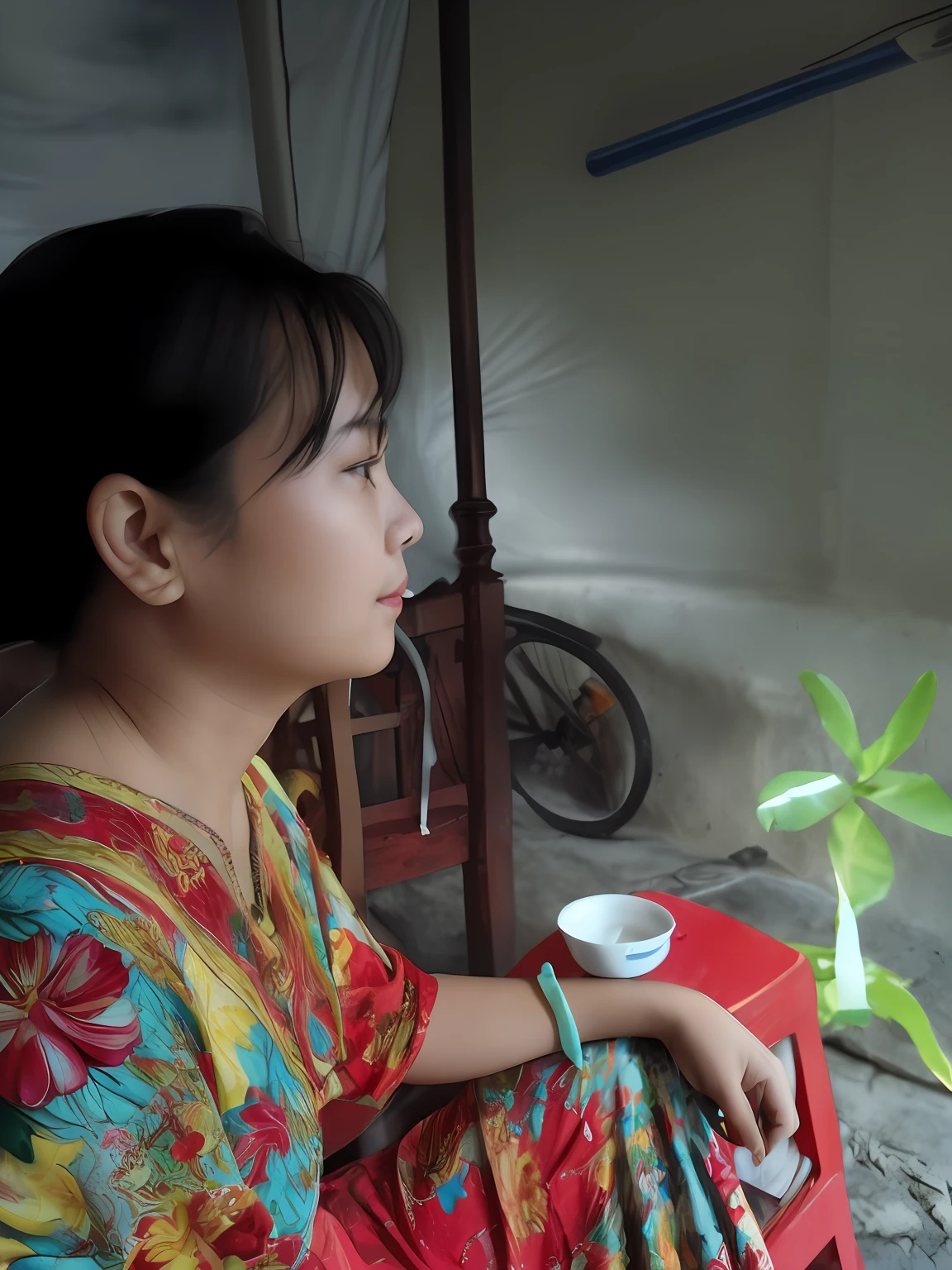 there is a woman sitting on a red chair with a cup, In profile, vietnamese woman, Profile image, potrait, intense moment, profile portrait, Very powerful, profile close-up view, seen from the side, dang my linh, From the side Side, hard morning light, Photo portrait, portrait shooting, profile shot, captured with sony a3 camera, artistic pose --auto