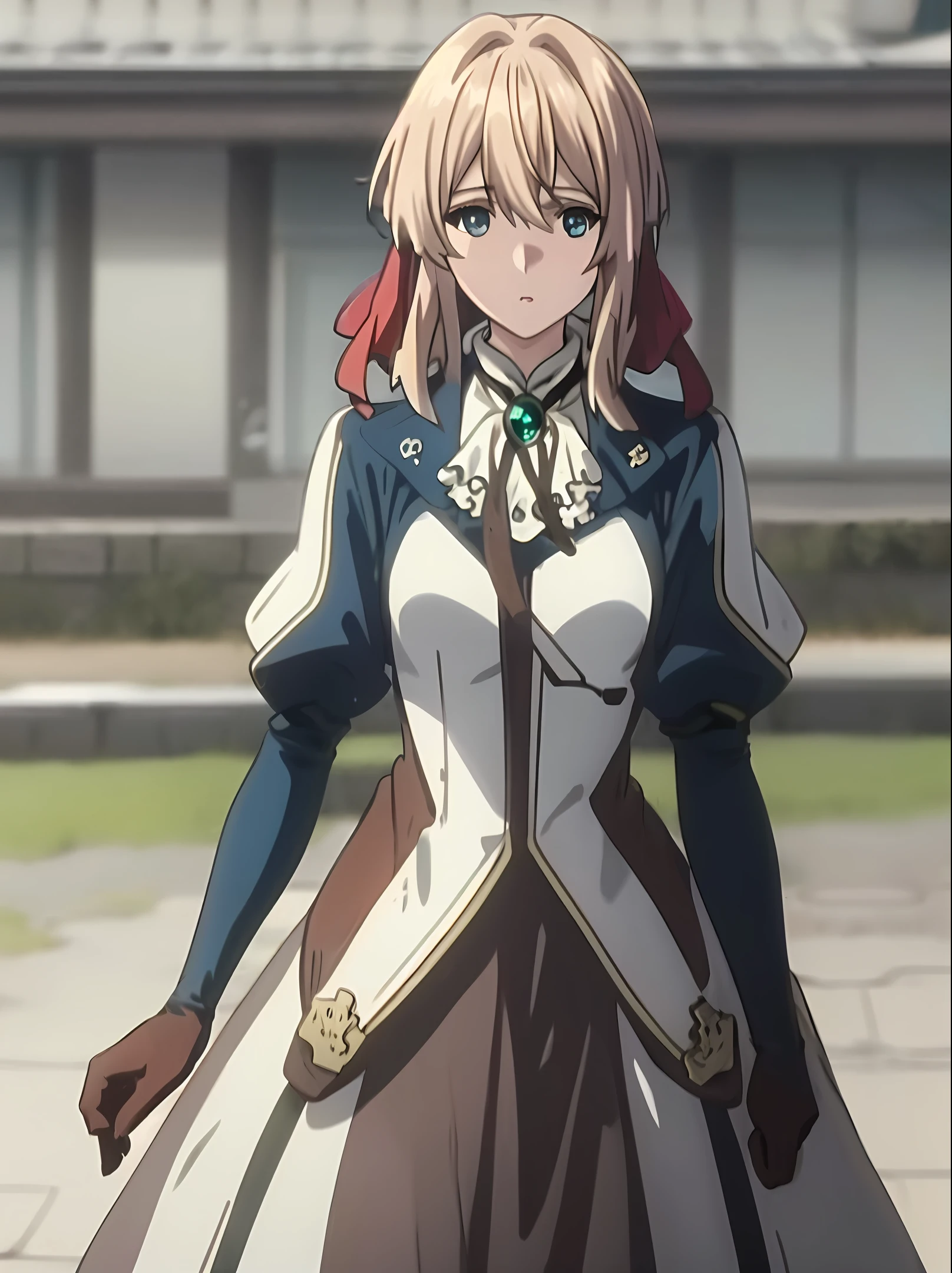 best quality, masterpiece,highly detailed,anime,1girl,upper body,violet_evergarden,medium breasts,perfect face,blond hair,hair ribbon,blue eyes,glowing eyes,blue jacket,long sleeves,white dress,green gem,brown gloves,outdoors,street,depth of field,looking at viewer,