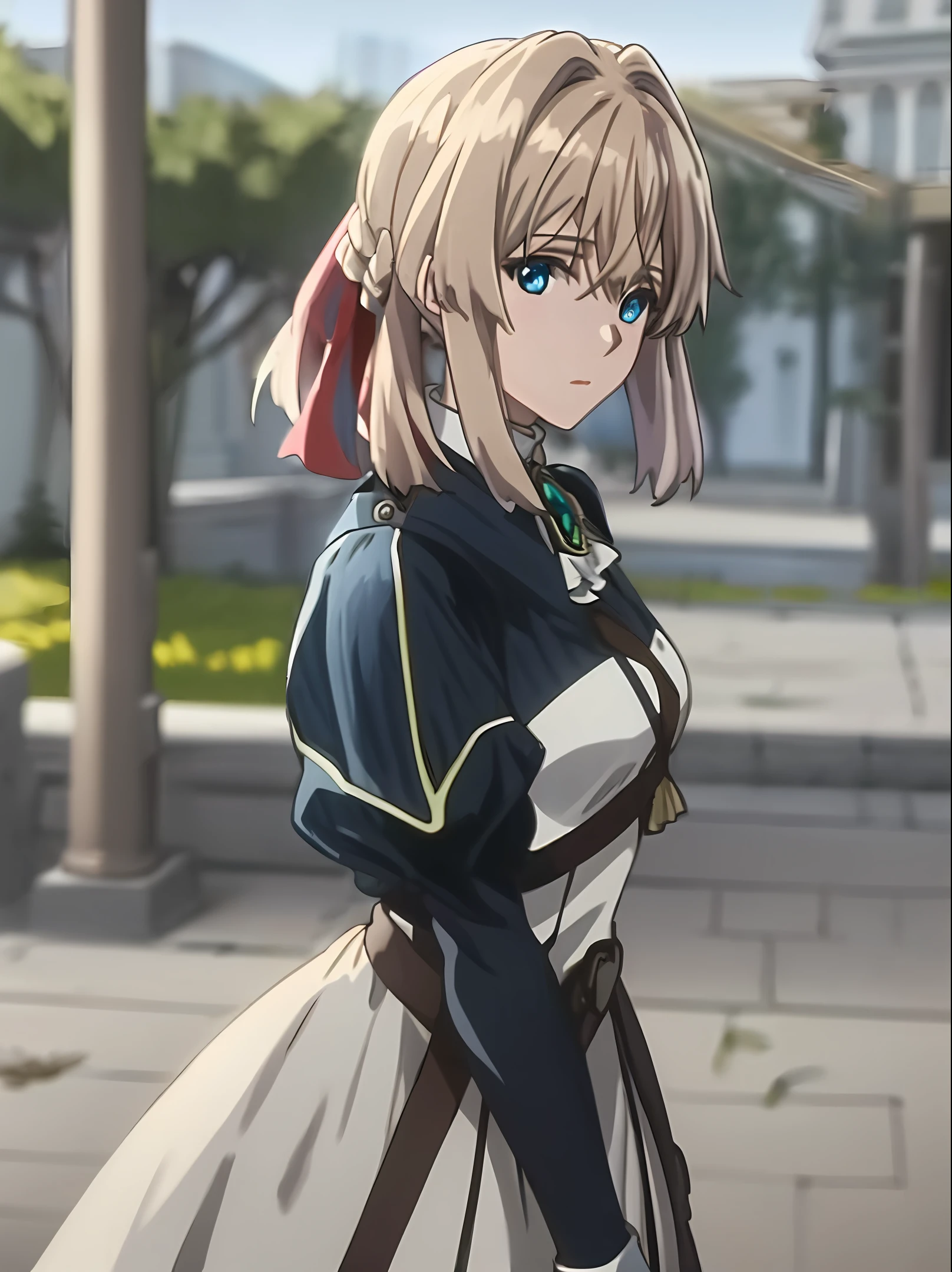 beste Qualität, Meisterwerk,sehr detailliert,Anime-Serie,1 Mädchen,Oberkörper,violett_evergarden,mittlere Brüste,perfektes Gesicht,blondes Haar,Haarband,blaue Augen,glühende Augen,blaue Jacke,lange Ärmel,weißes Kleid,Grüner Edelstein,braune Handschuhe,draußen,Straße,Tiefenschärfe,Betrachter betrachten,