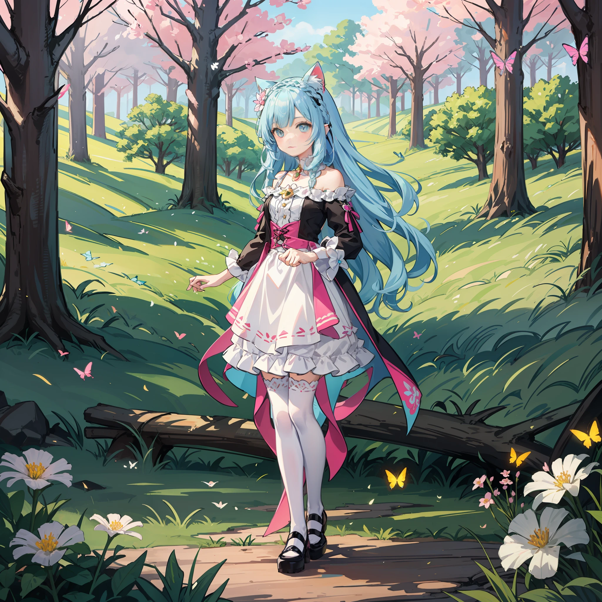 A meadow({multicolour_Hair+Light blue hair:1.8+Pink hair:0.2})Beast-eared ,White fat meow-style makeup,Tiny cute,Field scenery,Colorful falls,Butterflies flutter，white stockings，Butterfly flower headdress