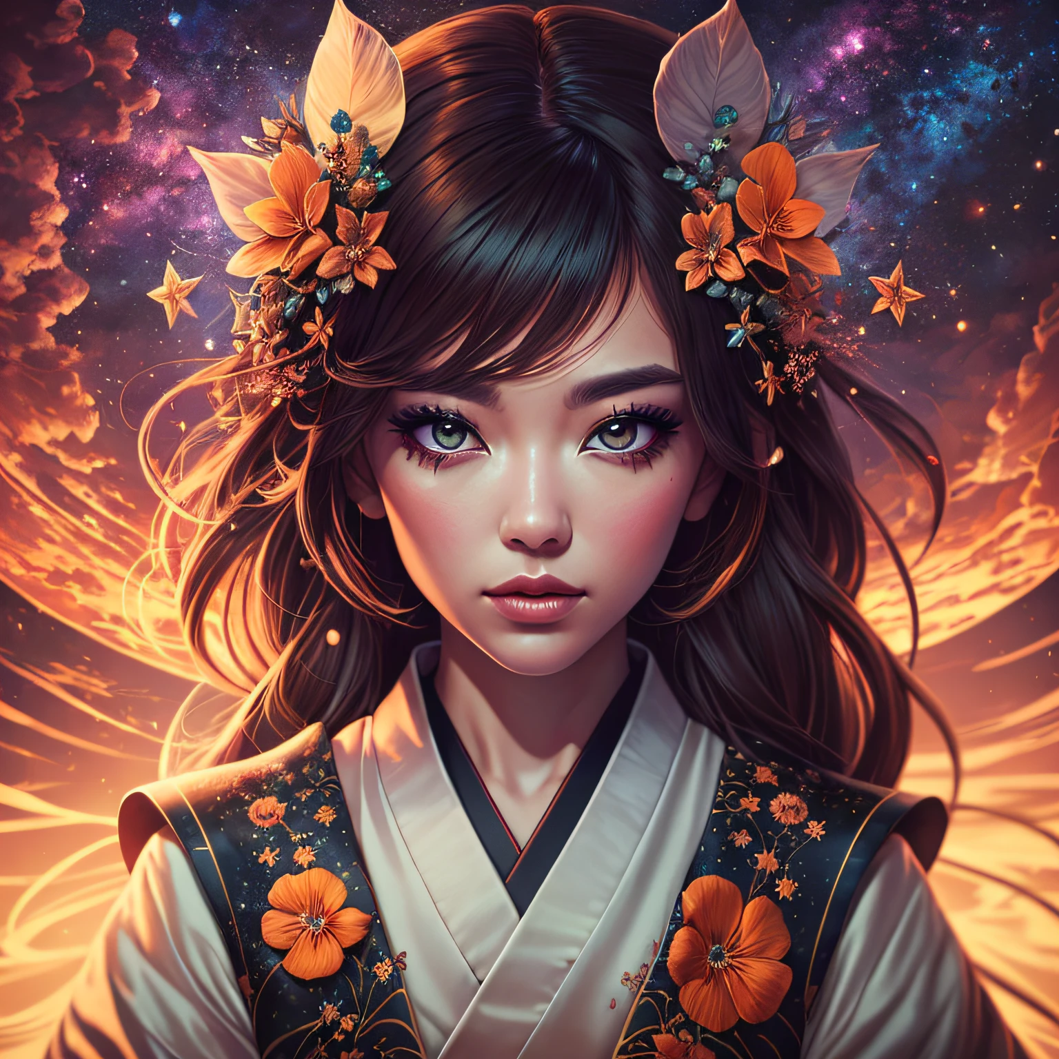 ridiculous resolution, hight resolution, (tmasterpiece: 1.4), super detailed, outer space, floating, onmyoji,Japanese woman, hyper-detailing, warm tones, intricate details, volumetric, art by Iliya Kuvshinov, a glaring eyes, dvArch Modern, 85 mm, f1.8, portraite of a, photo-realistic, A hyper-realistic, orange, Ultra-detailed, intrikate, dramatic, Sunset lighting, eye shadow, wide dynamic range