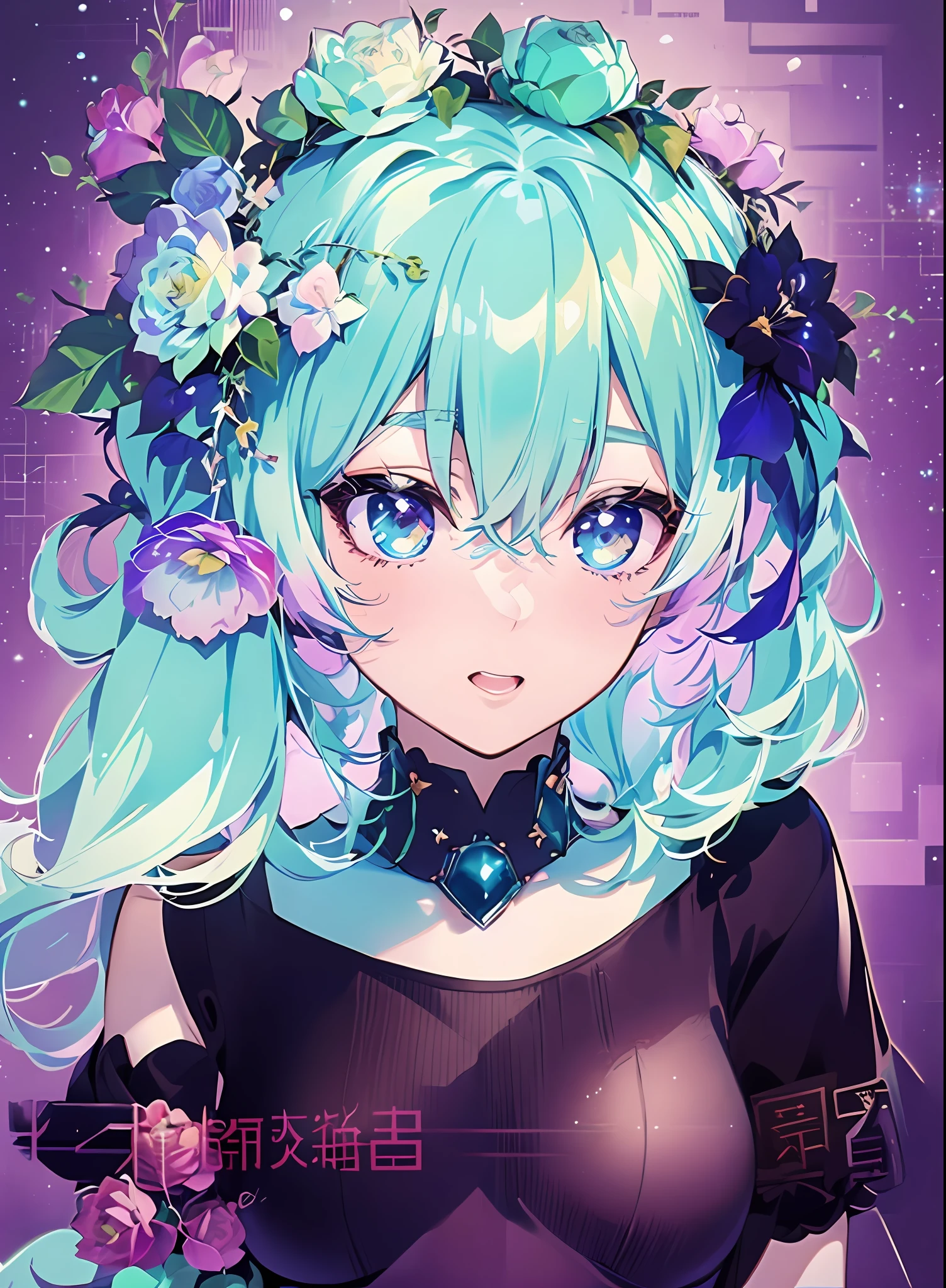 😆Andromeda_Kongacha, ((Konmutsuki_gacha_series1, punk_rosette))), cute girl, aqua color flowers, (full body), elegant flowers background