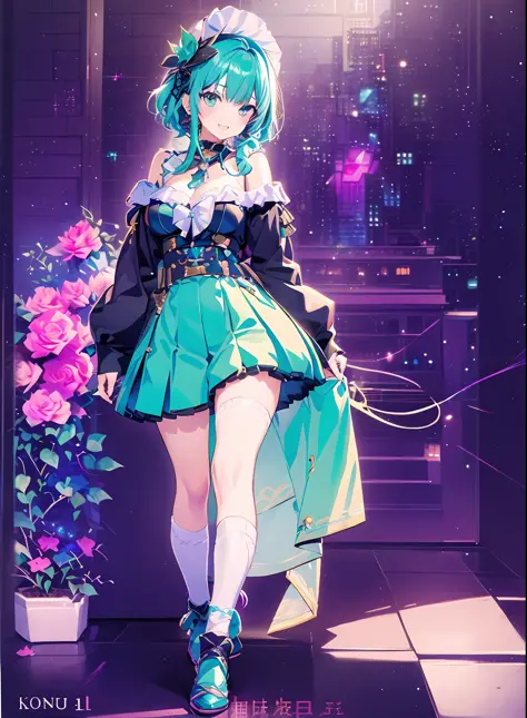 😆Andromeda_Kongacha, ((Konmutsuki_gacha_series1, punk_rosette))), cute girl, aqua color flowers, (full body), elegant flowers ba...