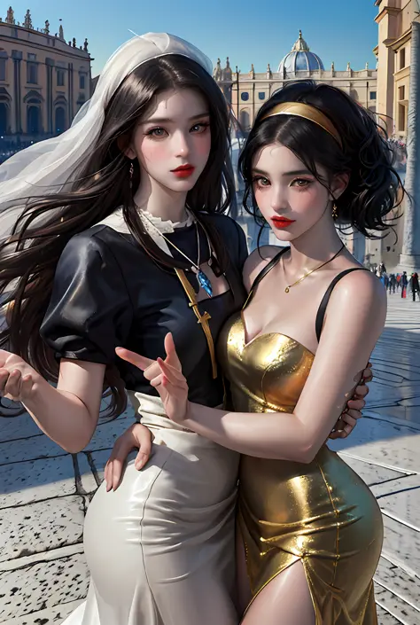 (巨作, Best quality, Realistic),
2girls,duo,(on the St. Peter's Square of Vatican,crowd of), st. Peter's Square of Vatican backgro...