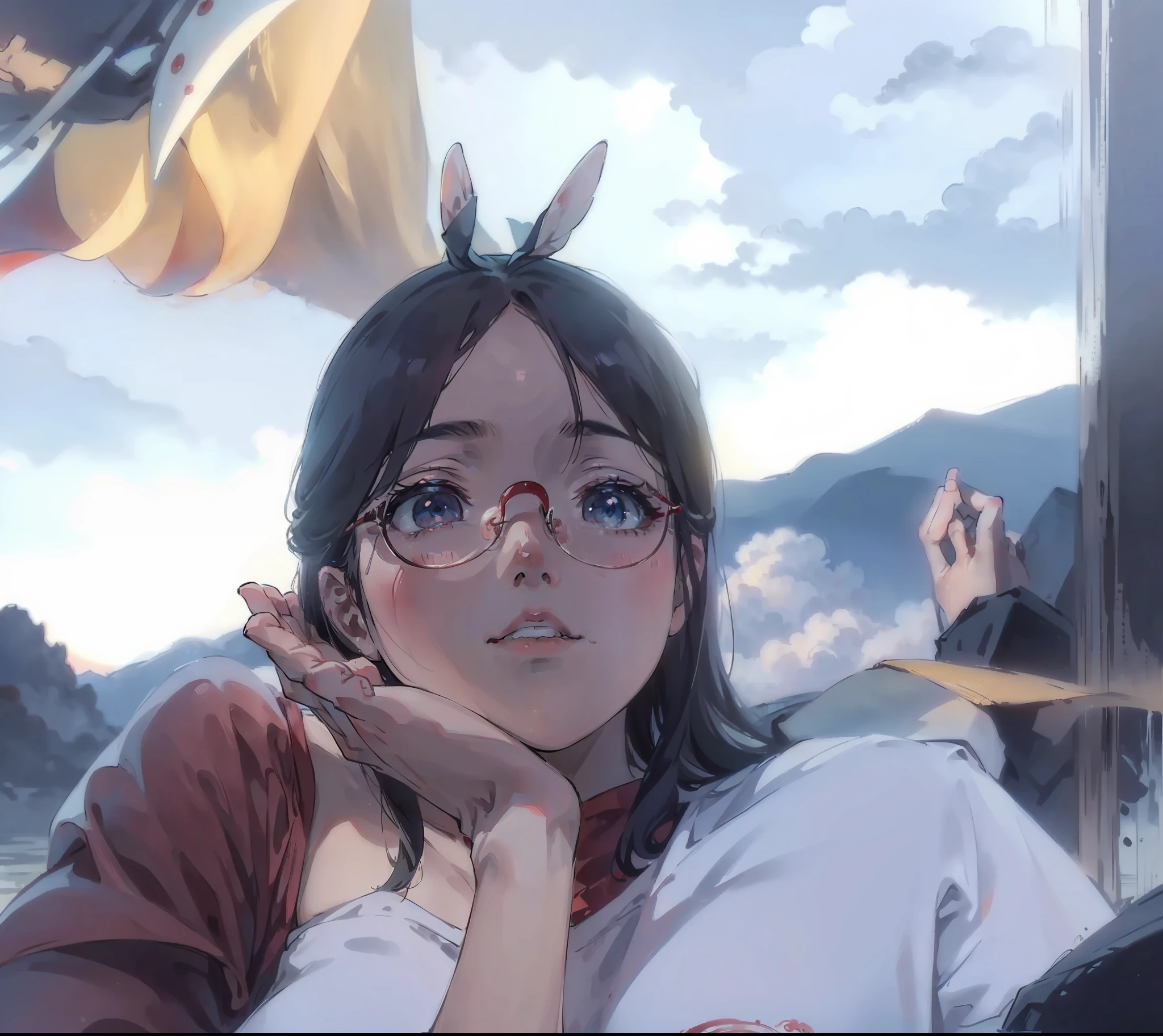 (Ultra HD CG unity wallpaper，A masterpiece of beauty，Attention to detail)(Soft light and shadow，Delicate performance，It's cute)(1girll，holding chin in hand，ssmile),(eye glass，Cute baby face),(Floating at the edge of the cloud，The wind blows slightly),(Relax and gaze，Dynamic posture),(whitet-shirt，denim pant，Comfortable and casual)(Sunset，The sky is searing red，Magnificent)(Ink depiction，Gentle ripples，Subtle water marks)(Cloud perspective，Shoot ultra-long shots，Stunning landscape)