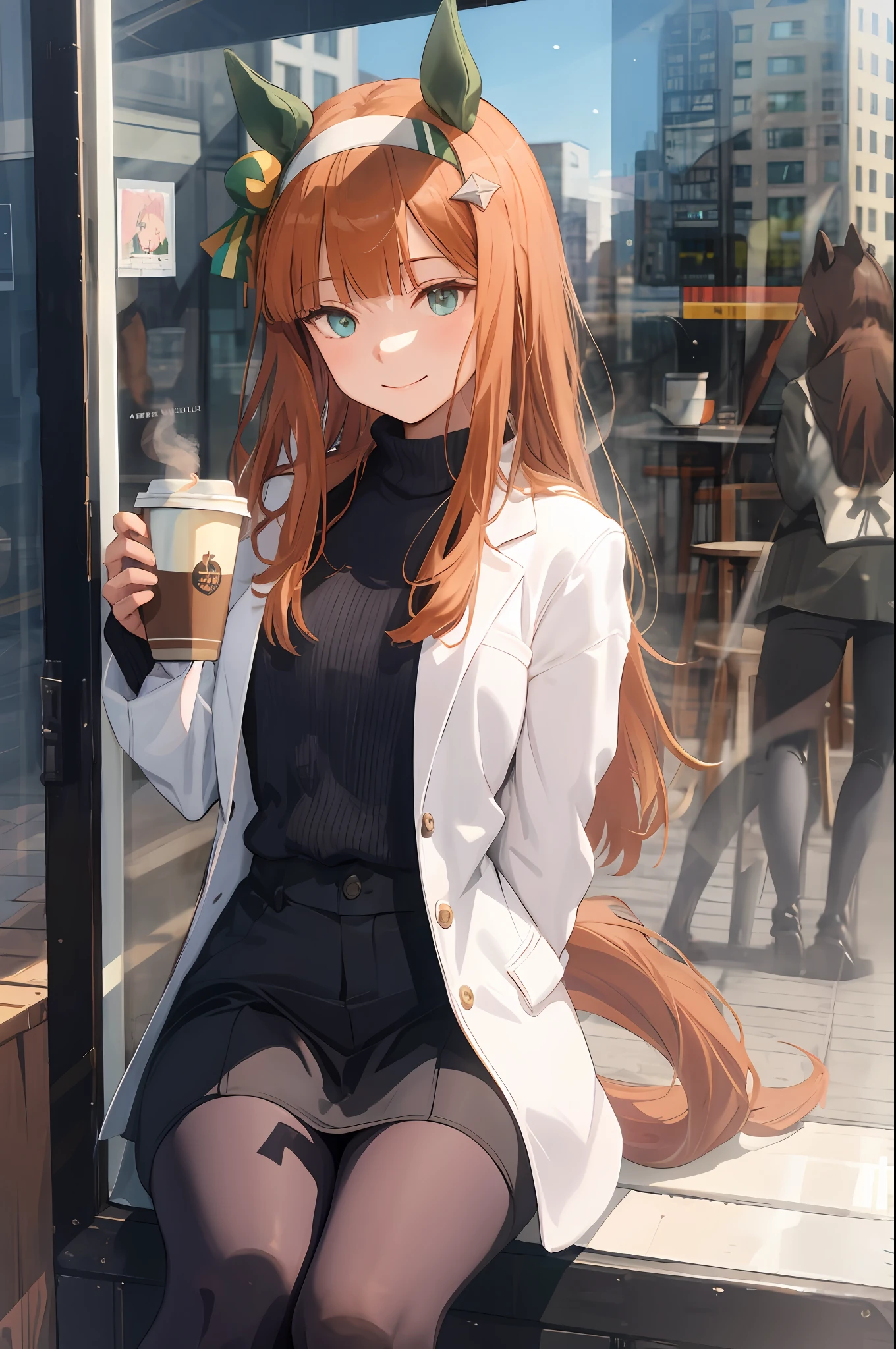 obra de arte, qualidade superior, Silêncio Suzuka \(umamusume\), orelhas de cavalo, seios pequenos, cauda de cavalo, close-up grande angular, sorriso, jaqueta branca, calça preta, segurando uma xícara de café, sentado, janela de cafeteria, luz solar, ensolarado, paisagem urbana, Ambiente confortável, {pose correta}, {Histórico detalhado},