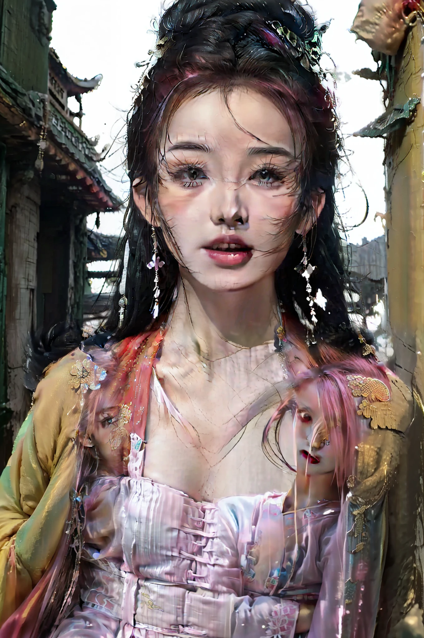 ((masterpiece), (best quality), ultra high res, (raw photo:1.2), (photorealistic:1.4), Exceptional detail, dramatic lighting, highres,   8k, absurdres, solo, 
CNGirl_2, 1girl, ((pink hair)), close up, daoist_robe, yellow daoist robe,  Chinese Temple, fantasy, incense, long hair, looking at viewer,