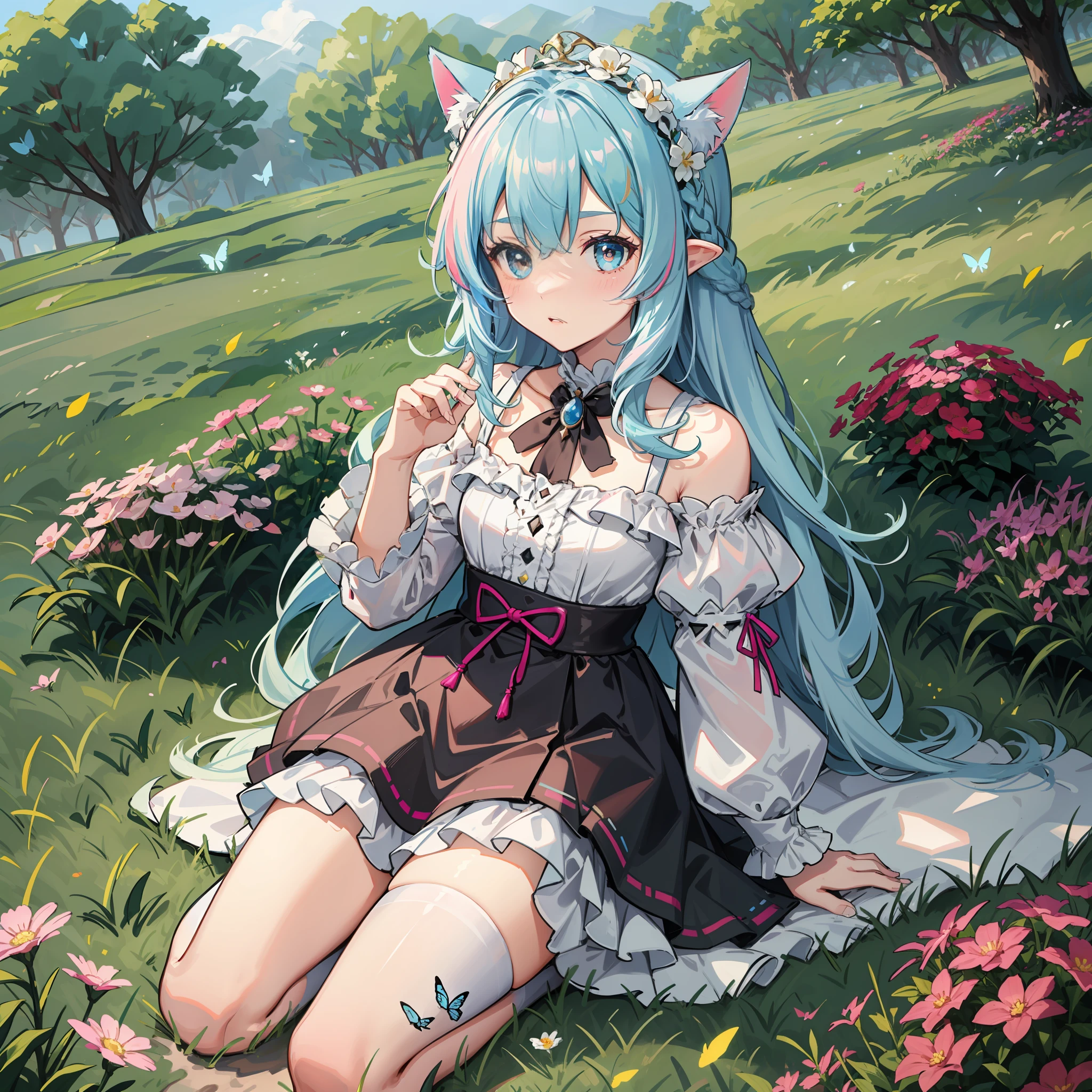 A meadow({multicolour_Hair+Light blue hair:1.8+Pink hair:0.2})Beast-eared ,White fat meow-style makeup,Tiny cute,Field scenery,Colorful falls,Butterflies flutter，white stockings，Butterfly flower headdress