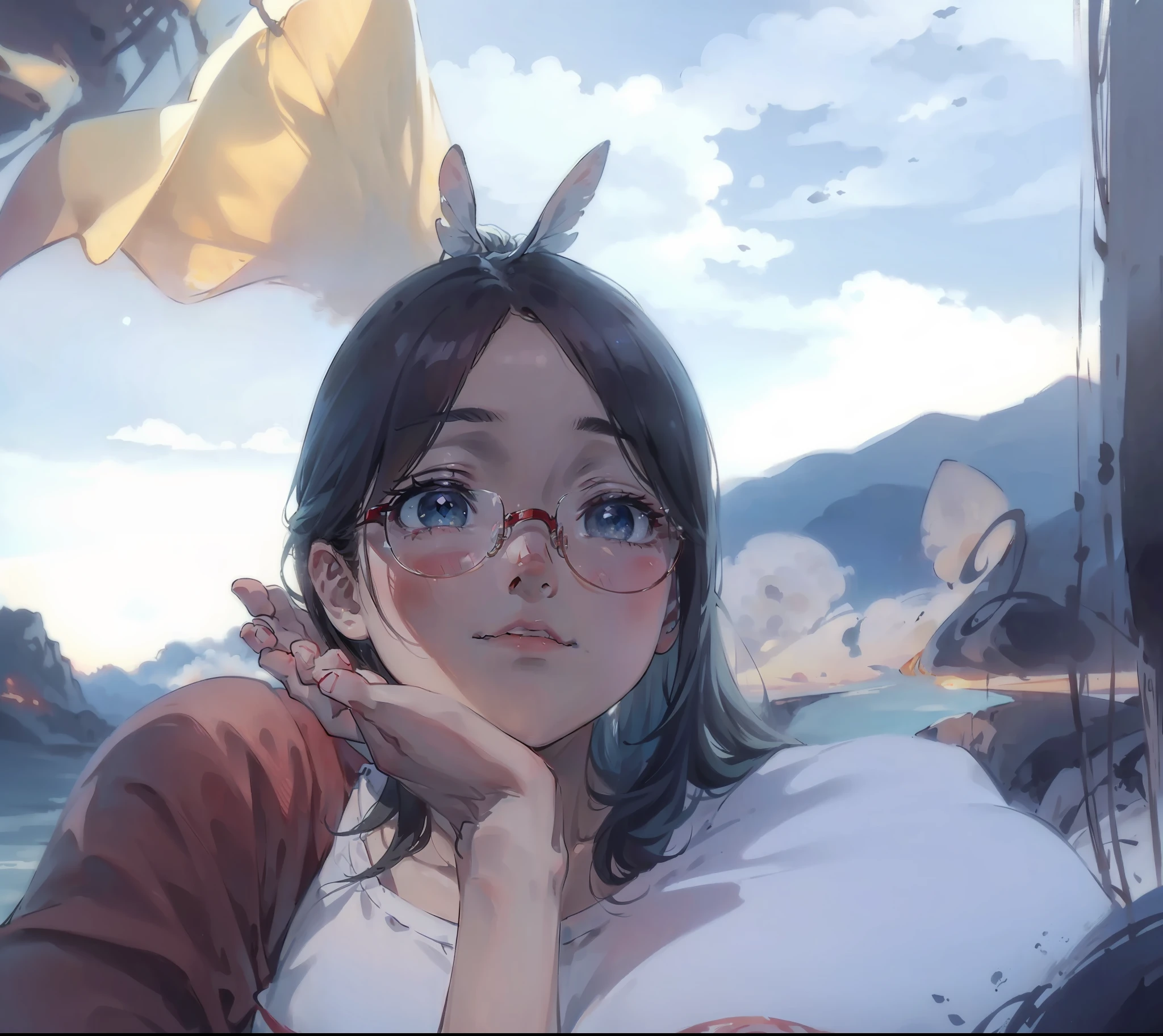 (Ultra HD CG unity wallpaper，A masterpiece of beauty，Attention to detail)(Soft light and shadow，Delicate performance，It's cute)(1girll，holding chin in hand，ssmile，largeeyes),(eye glass，Cute baby face),(Floating at the edge of the cloud，The wind blows slightly),(Relax and gaze，Dynamic posture),(whitet-shirt，denim pant，Comfortable and casual)(sunset，The sky is searing red，Magnificent)(Ink depiction，Gentle ripples，Subtle water marks)(Cloud perspective，Shoot ultra-long shots，Stunning landscape)