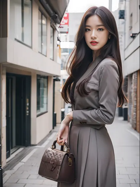 the twilight of autumn: a fashion model in a layered prada outfit poses against a backdrop of russet maple leaves. this low angl...