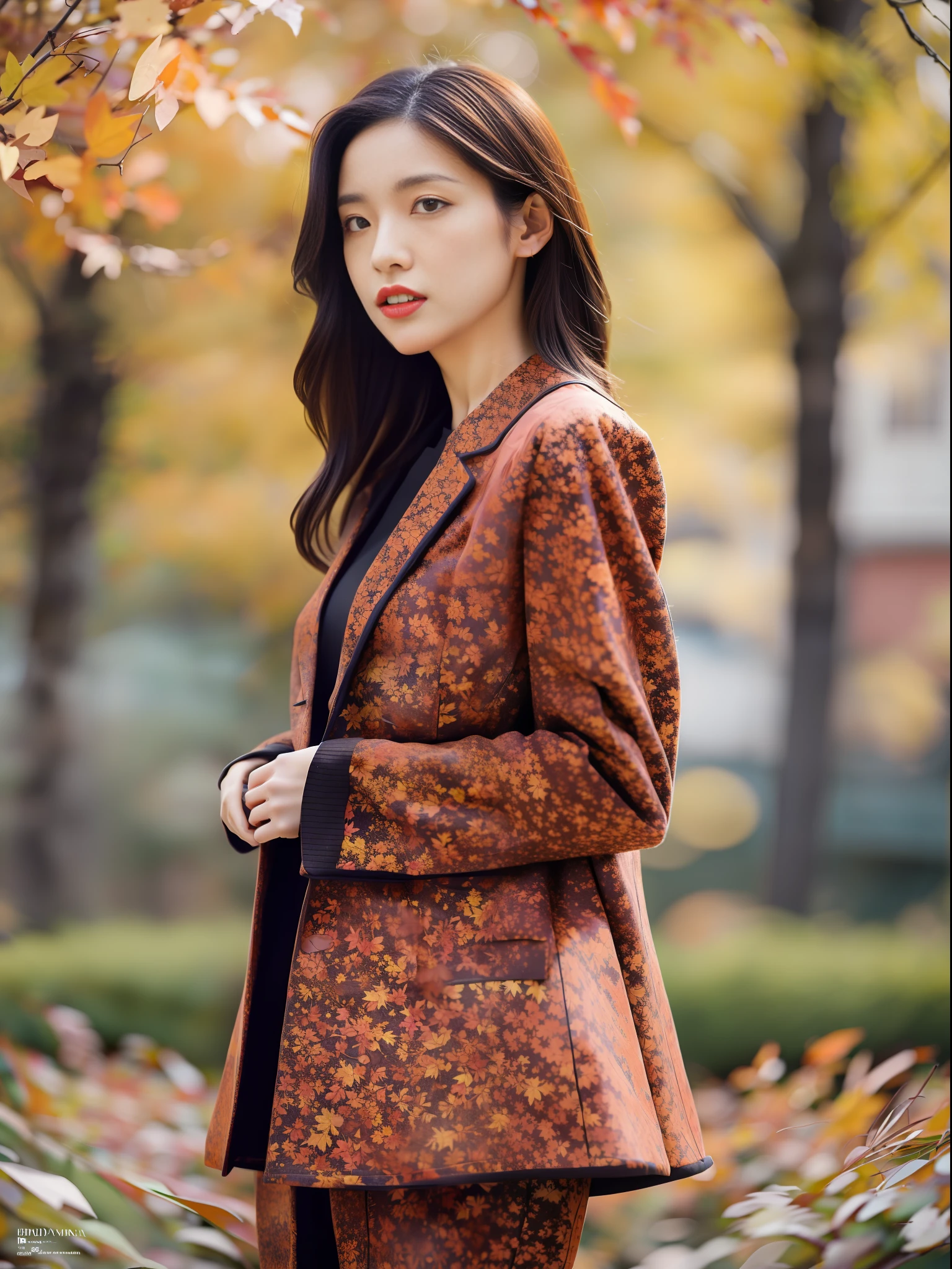 Le crépuscule de l&#39;automne: Un mannequin dans une tenue Prada à plusieurs couches pose sur fond de feuilles d&#39;érable rousses. Cette vue en contre-plongée prise par Bruno Barbey pour AnOther Magazine capture la beauté mélancolique de l&#39;automne --ar 4:5 50 --style raw --s 2