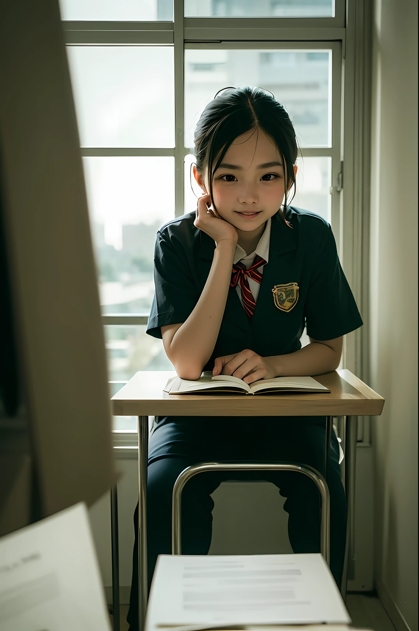 At home, Study at your desk, short detailed hair, Primary school student wearing Shenzhen school uniform, ssmile, looking at viewert, 35mm, filmgrain, Cinematic lighting, surrealism, Super detail, High details, Best quality, A high resolution