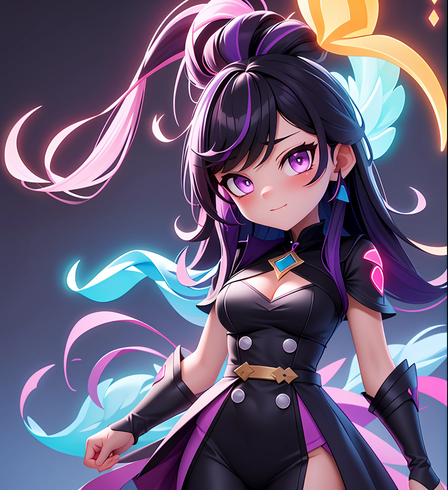 Magical Transformation Girl, Black costume with purple trim, red zigzag gem, blue spikes, Cloud-like Black hair with purple highlights, glowing yellow eyes, masterpiece, best quality