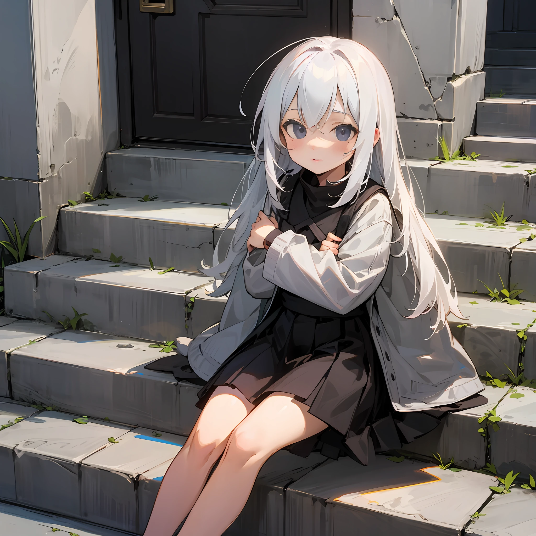 Little loli with white hair and black eyes，Sitting on the steps